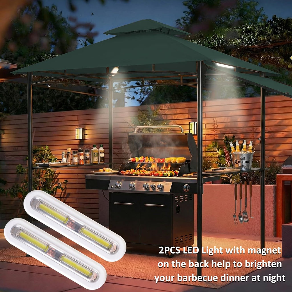 FAB BASED 5x8 Grill Gazebo with Extra Awning, All-Weather Steel Construction, Double Tiered & Resistant Canopy Roof, Metal Serving Shelves, 2 LED, Bottle Opener for Patio, Backyard, BBQ (Green)