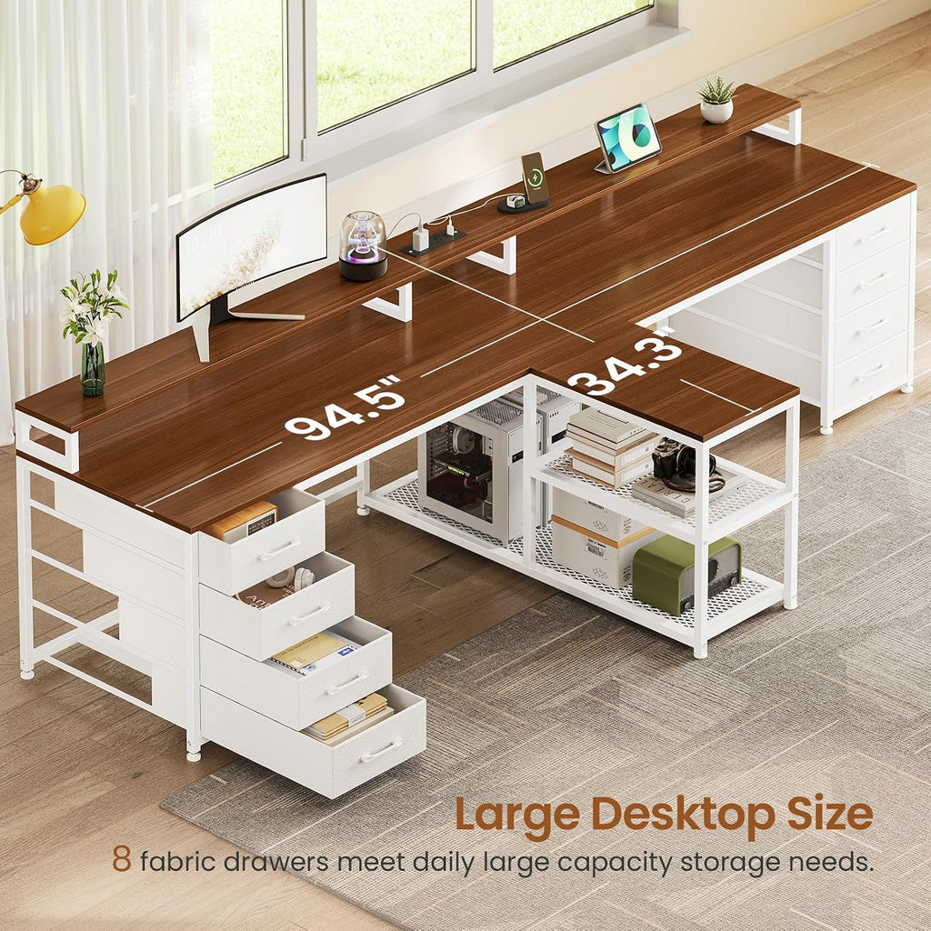 SEDETA 94.5' 2 Person Gaming Desk, Long Office Computer Desk with 8 Drawers & LED Light, Two Person Desk with Storage, Power Strip & Monitor Shelf for Home Office, Brown+White
