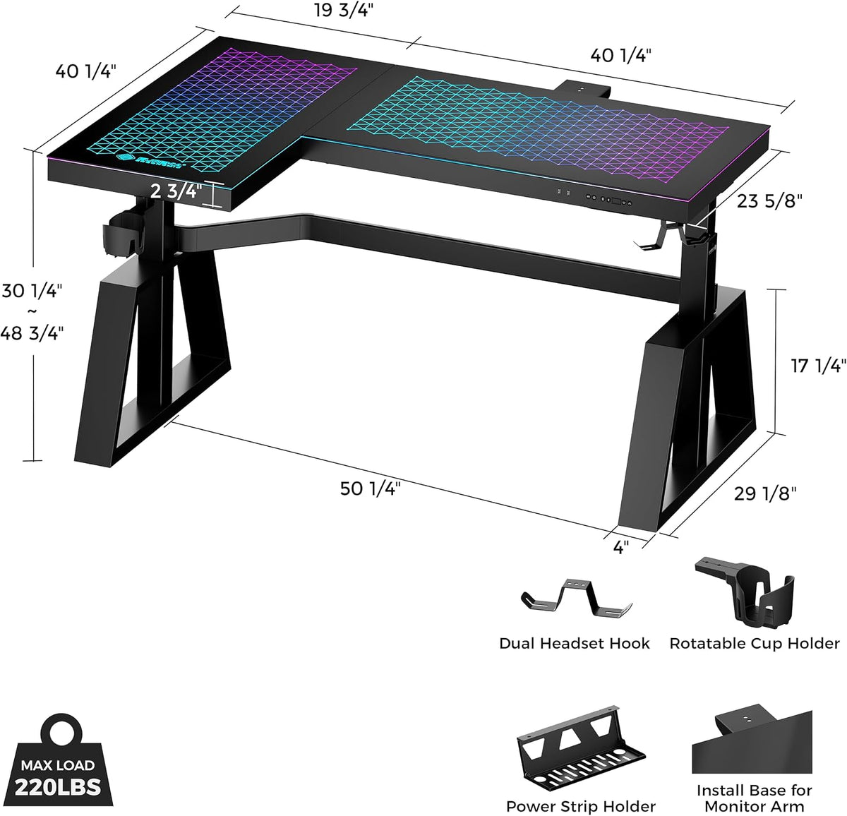 EUREKA ERGONOMIC Standing Desk, Gaming Table,Glass RGB, Height Adjustable Computer desks 60 Inch L Shaped Corner Music Studio Desk Workstation w Type-C Port,Cup Headset Holder,APP Control,Left