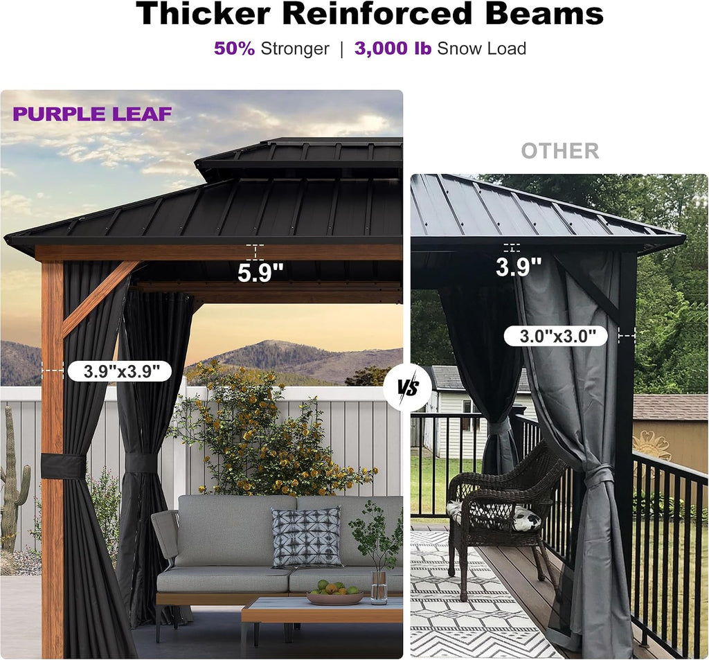 PURPLE LEAF 8' X 12' Hardtop Gazebo Outdoor Wood Grain Aluminum Frame Galvanized Steel Double Roof Gazebos with Netting and Curtains for Patio Deck Backyard Garden