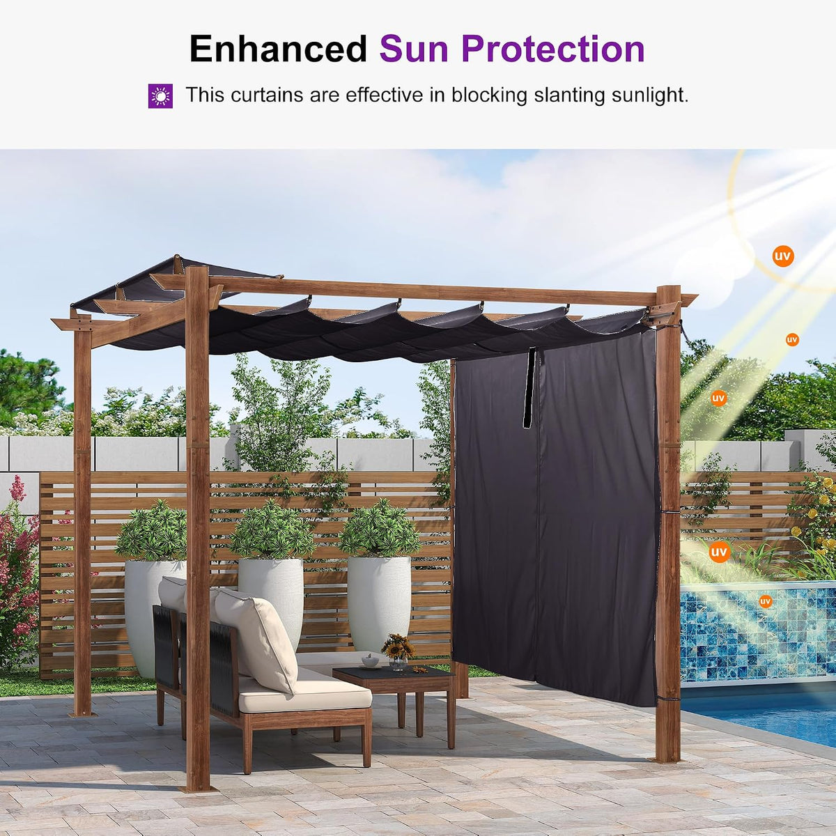PURPLE LEAF 10' x 10' Pergola with Curtains Outdoor Retractable Pergola Patio Metal Shelter for Garden Porch Natural Wood Grain Frame Gazebo Modern Yard Grill Pergolas with Shade Canopy Navy Blue
