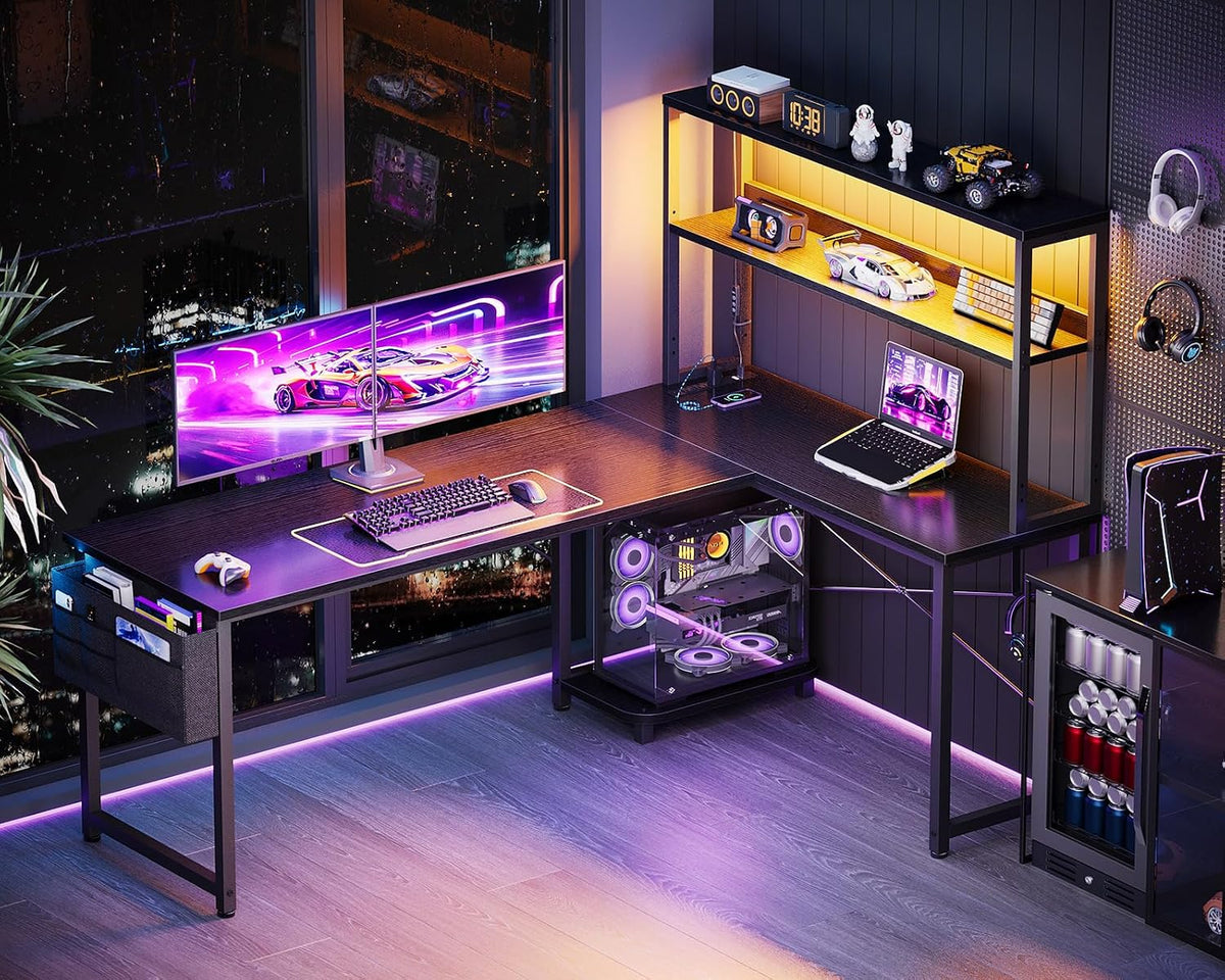 ODK 61 Inch L Shaped Desk with LED Lighting, Reversible Gaming Desk with Power Outlets, Cornor Computer Table with Storage Shelves & Bag & Iron Hook, Home Office Table for Writing, Study, Black