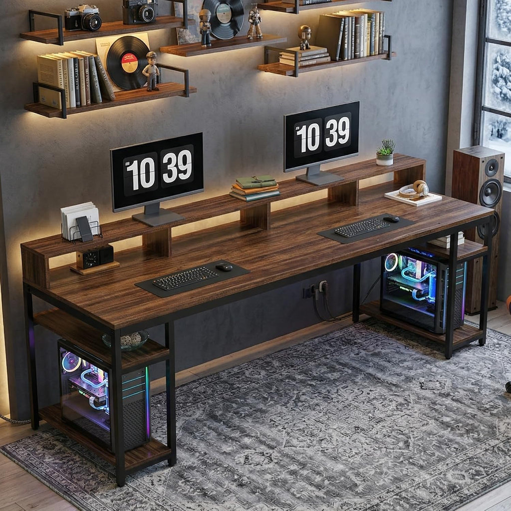 LITTLE TREE 78-Inch Double Desk with Storage Shelves, 2-Person Gaming Desk for Home Office, Long Desk with Monitor Stand (Rustic Brown)