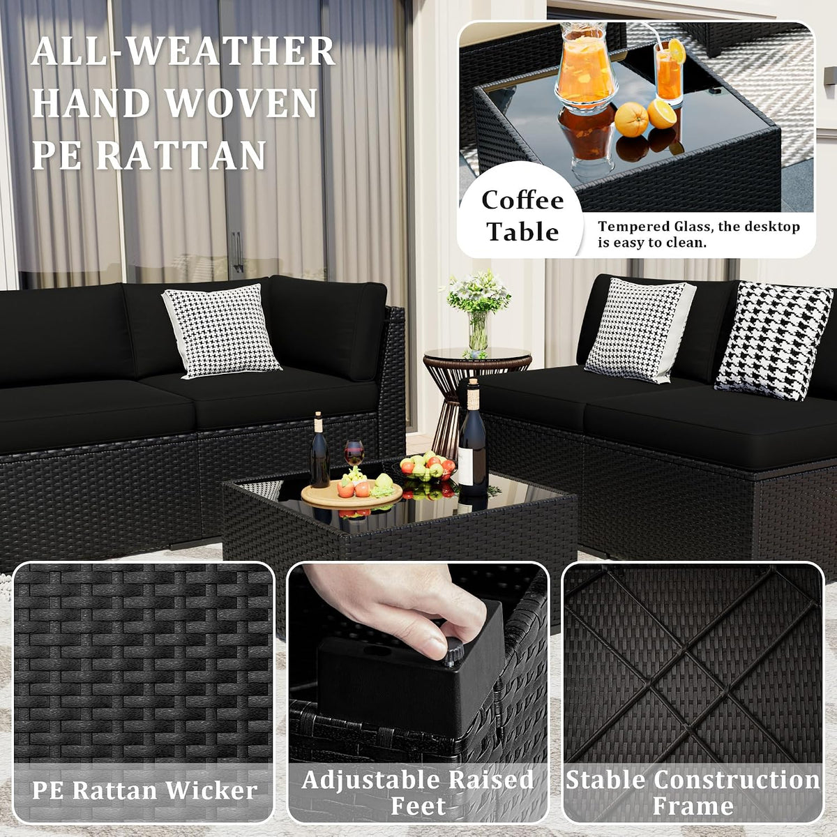 8 Pieces Outdoor Patio Furniture Set with 44' Fire Pit Table Black Rattan Sectional Conversation Sets w/Gas Fire Pit, Coffee Table, 1 Waterproof Covers, Black