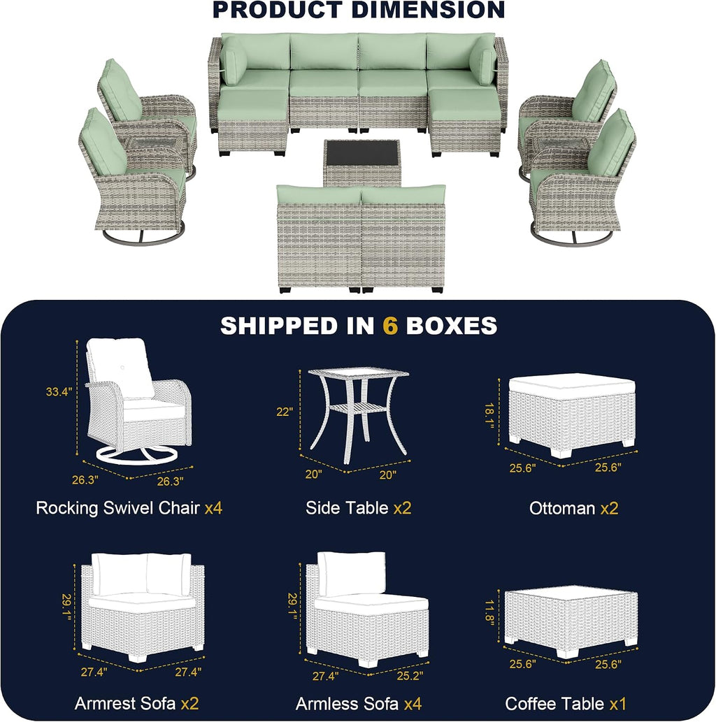 15-Piece Outdoor Patio Furniture Set with Rocking Swivel Chair, Wicker Rattan Sectional Sofa Conversation Set with Tempered Glass Table with Ottomans, Backyard Furniture, Light Green