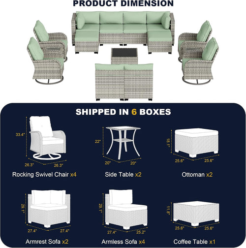 15-Piece Outdoor Patio Furniture Set with Rocking Swivel Chair, Wicker Rattan Sectional Sofa Conversation Set with Tempered Glass Table with Ottomans, Backyard Furniture, Light Green