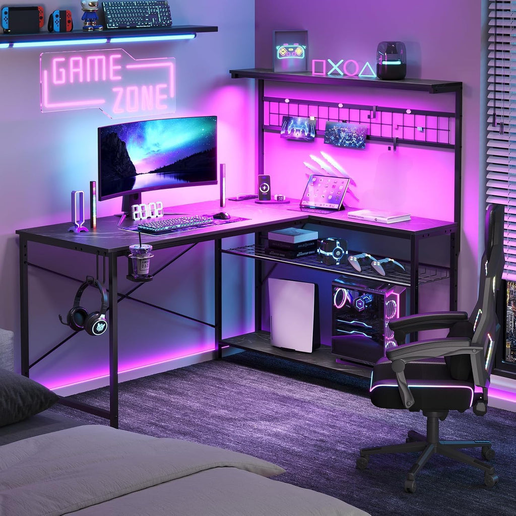 Bestier Gaming Desk 51' L-Shaped, with Power Outlets & LED Lights- 4 Tier Shelves, Reversible Gamer Table with Hooks & Cup Holder for Home Office Black Marble