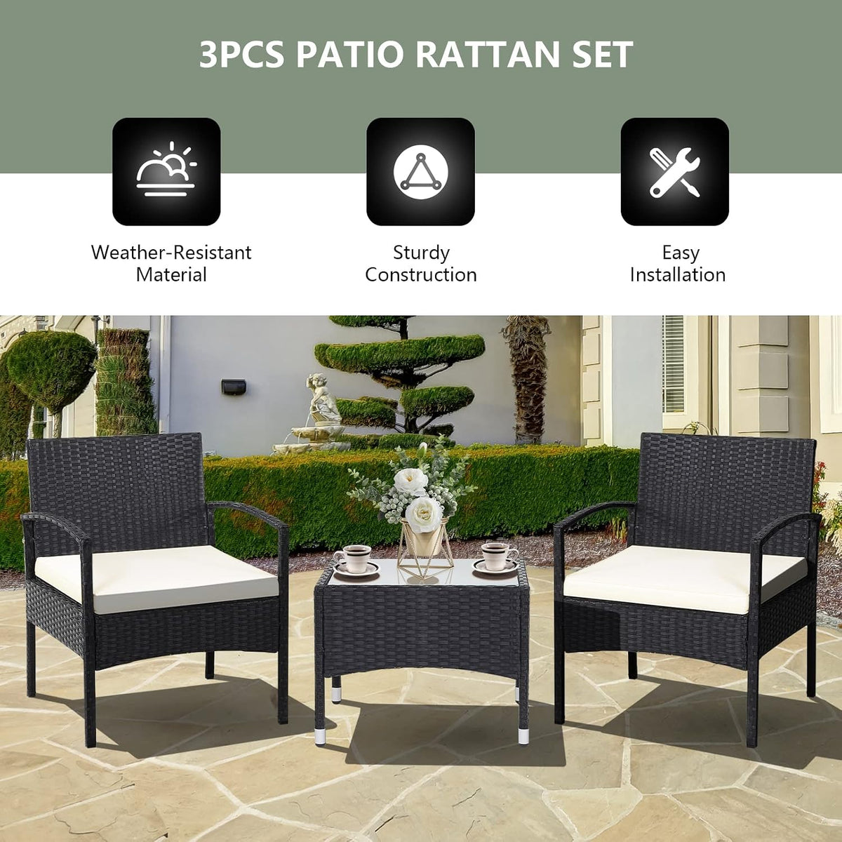 RELAX4LIFE 3-Piece Patio Furniture Set - Rattan Conversation Set, Wicker Bistro Set w/2 Chairs, Glass Coffee Table, Steel Frame, Outdoor Chairs Set for Yard Balcony, Front Porch Furniture (Beige)