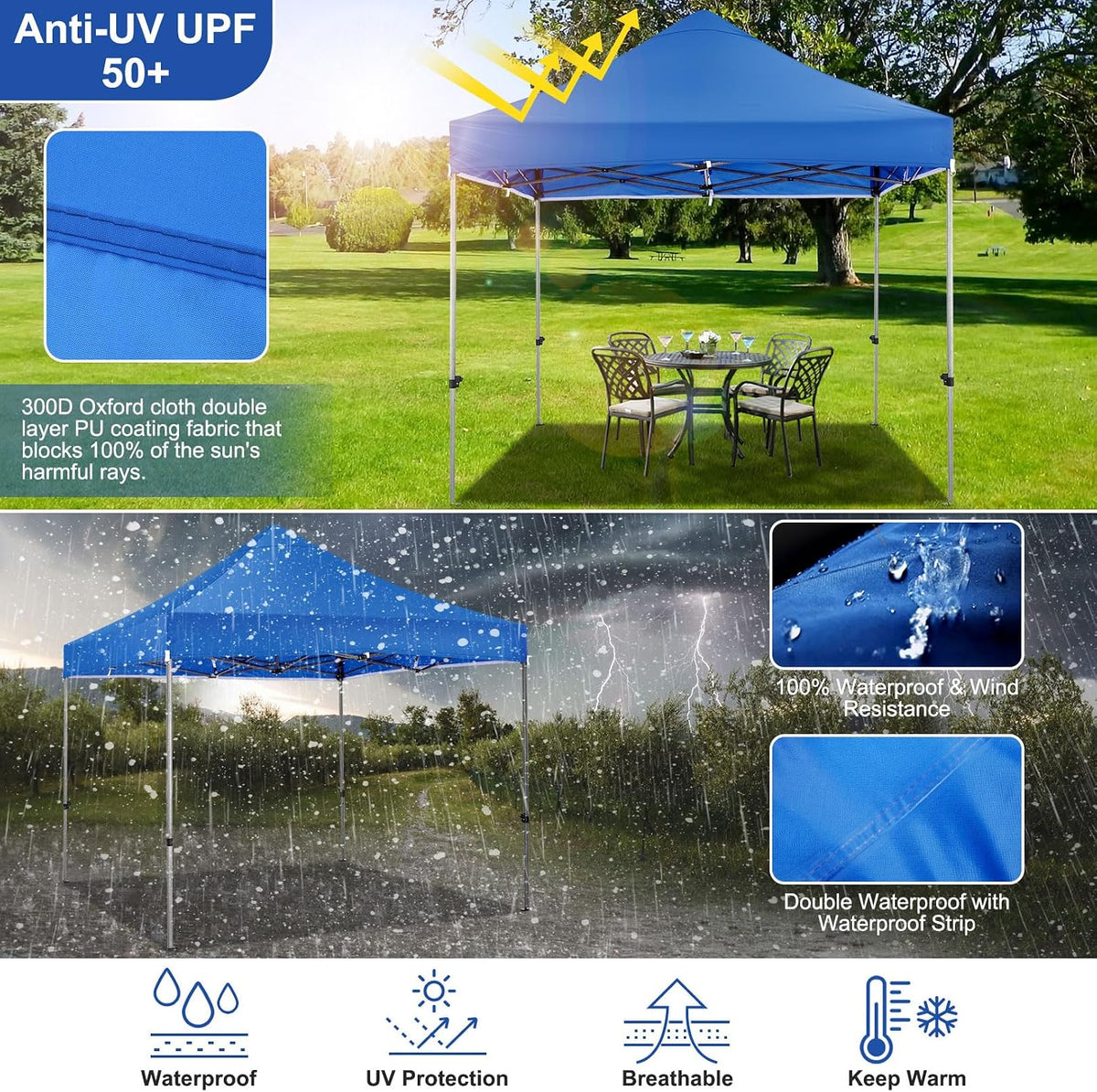 COBIZI 10x10 Heavy Duty Pop Up Canopy Tent with 4 Sidewalls Thicken Frame, Commercial Easy Up Outdoor Wedding Party Tents, All Season Waterproof Windproof with Stakes Sandbags Ropes Roller Bag, Blue