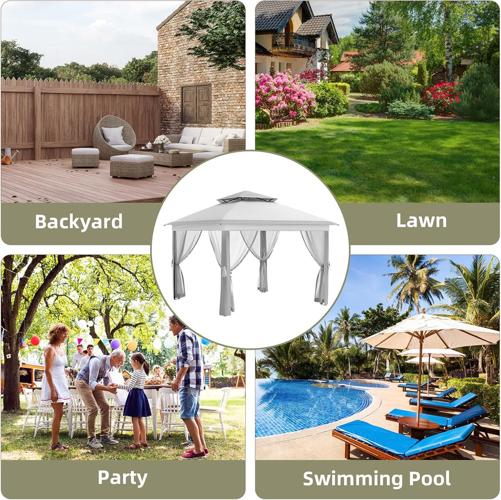 Garvee 11x11 ft Outdoor Gazebo, Heavy Duty Gazebo with Sturdy Metal Frame & Double Roofs, Patio Shelter with Mosquito Netting, Ideal for Backyard, Garden, Lawn, Deck, Light Grey