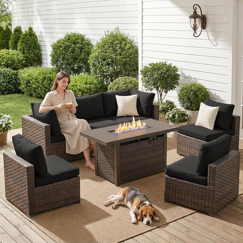 7-Pieces Patio Furniture Sets Outdoor Sectional Sofa with 44'' Propane Rattan Wicker Firepit Table, Patio Sectional Conversation Set with Cushions for Backyard, Poolside, Garden Black