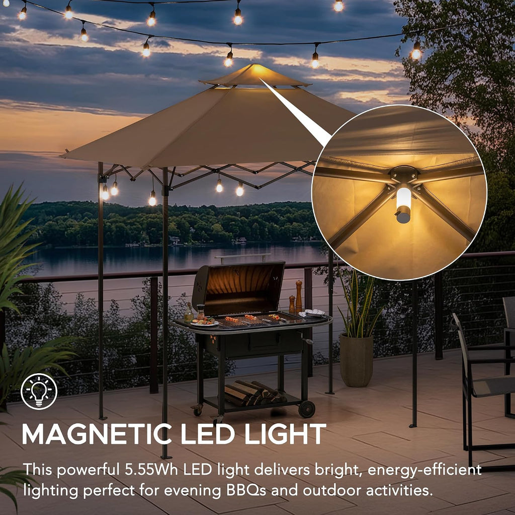 SUNJOY 8 x 5 ft. Grill Gazebo Pop Up Double Tiered Outdoor Gazebo Standing-Height Canopy with Magnetic LED Light, Adjustable Ceiling Height, for BBQ,Picnics, Outdoor Events, Brown