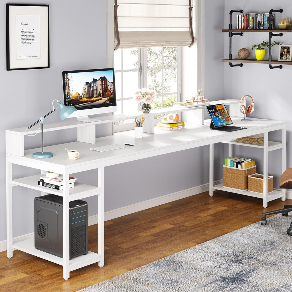 Tribesigns Two Person Desk with Monitor Stand, 78.74' Long Double Computer Office Desk with Storage Shelves, Large Gaming Desk Study Writing Table Workstation for Home Office (White)