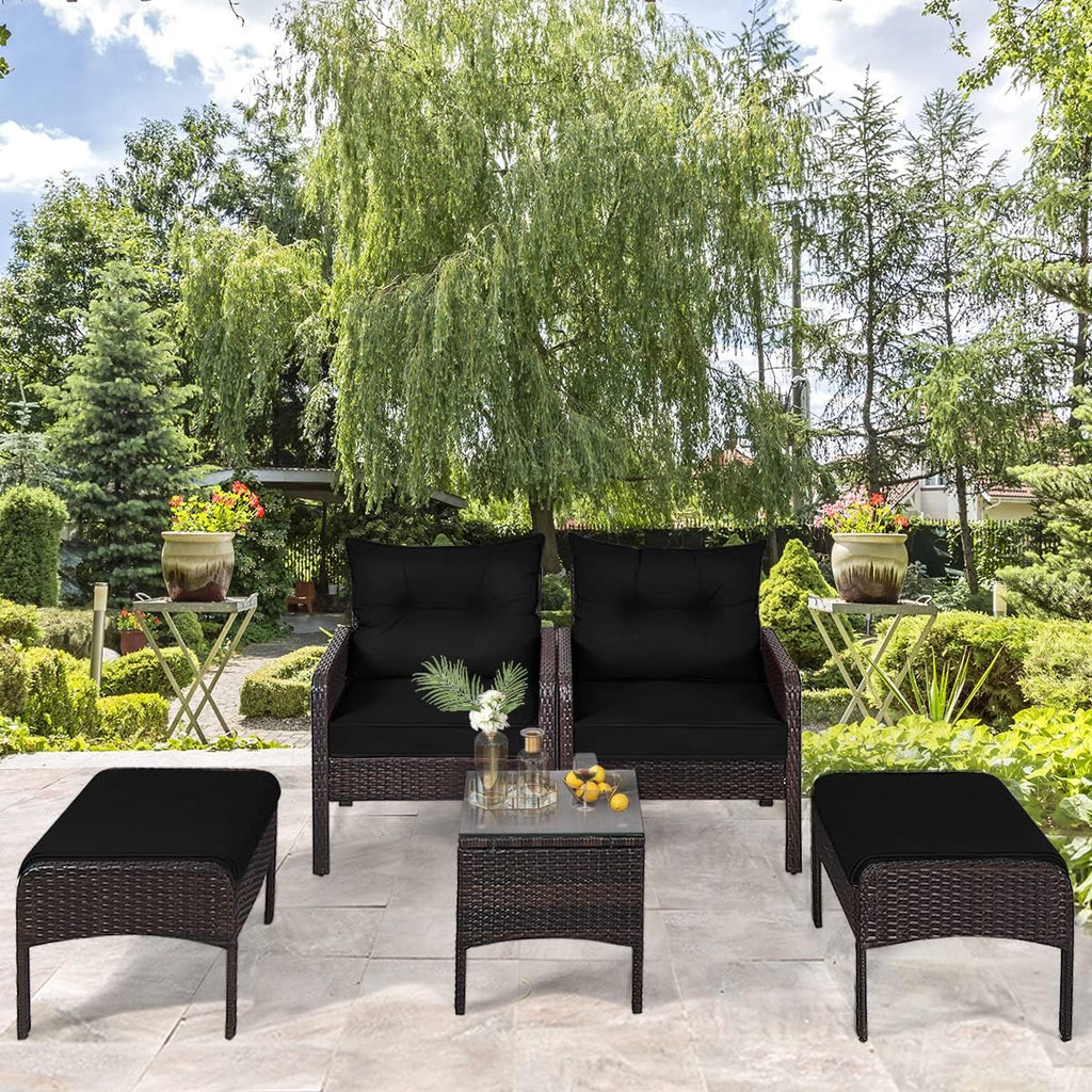 HAPPYGRILL 5 Pieces Patio Furniture Set Outdoor Rattan Wicker Conversation Set with Coffee Table Cushioned Sofas and Ottoman Chat Set for Garden Backyard