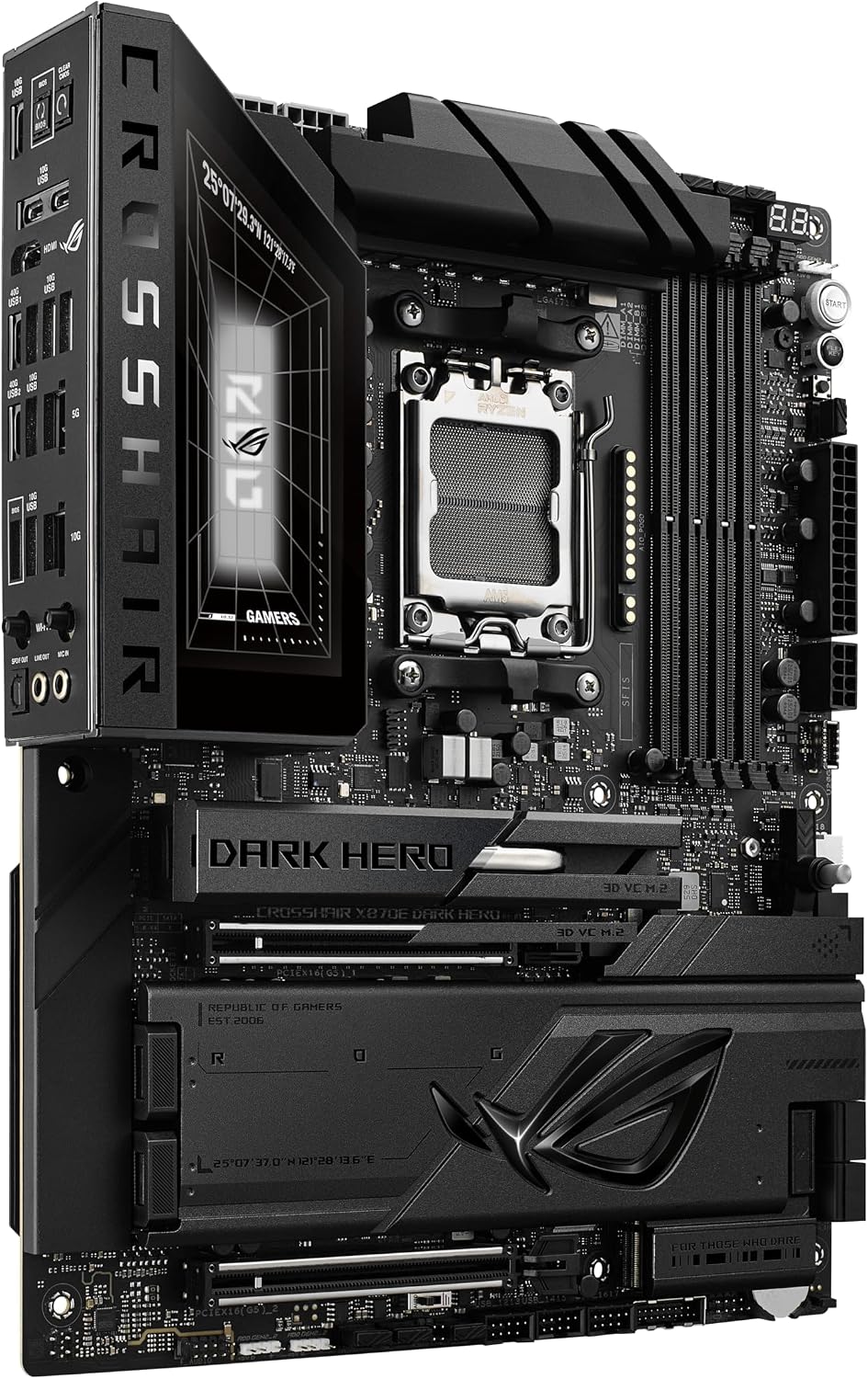 ASUS ROG Crosshair X870E Dark Hero ATX Motherboard, 20+2+2 Power Stages, DDR5 Slots, PCIe® 5.0, Five M.2 Slots, 3D VC M.2 heatsink, USB4®, AI Cache Boost, PCIe Slot Q-Release, AIO Q-Connector