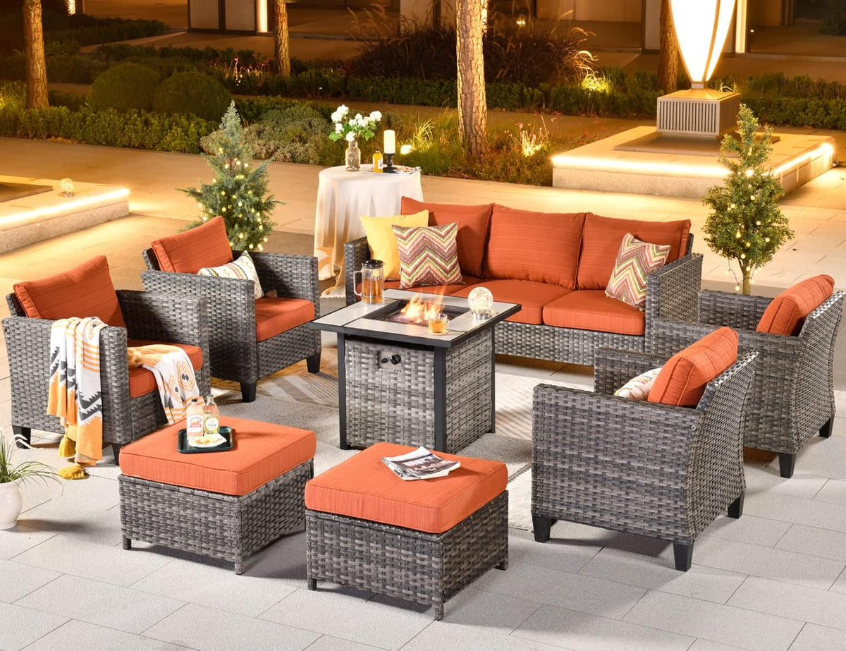 ovios 8 Pieces Patio Furniture Set with 30' Fire Pit Table, Outdoor Wicker Sofa with Comfy Cushions, All Weather High Back Rattan Couch Conversation Set, Orange Red