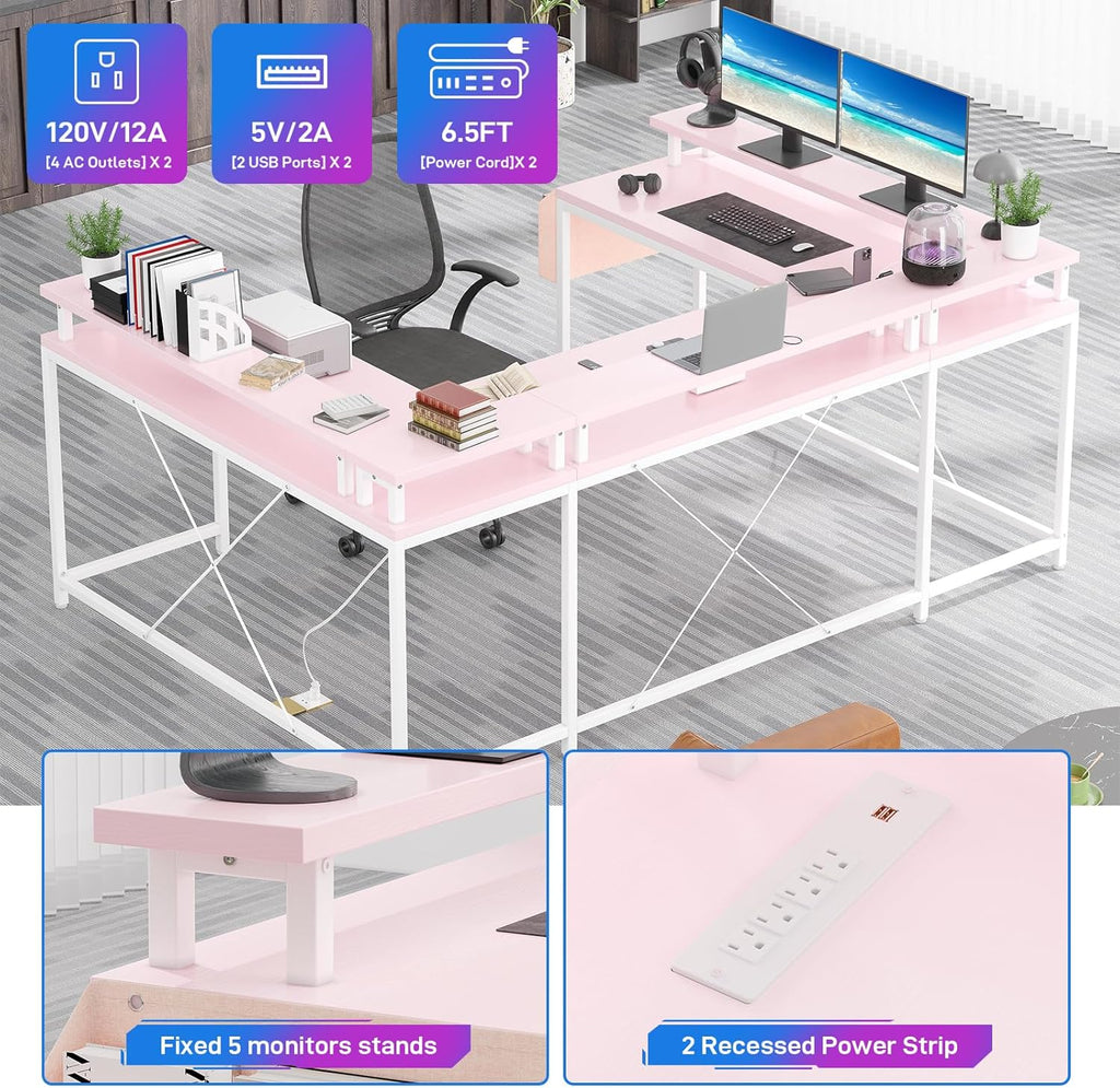 Jojoka U Shaped Computer Gaming Desk, Reversible L Shaped Desk with Power Outlets, LED Strip & Monitor Stand, Large Corner Desk with Storage Shelves for Home Office,Deep Pink
