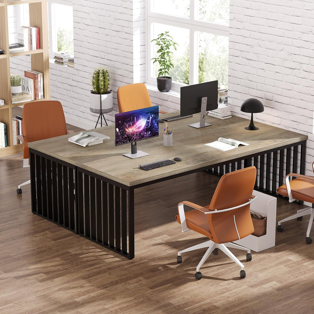 Tribesigns 78.74' Extra Long Computer Desk 2 Person Desk, Double Long Desk with Heavy Duty Metal Frame, Double Workstation Study Table for Home Office, Brown (Without Chair) (Gray & Black)