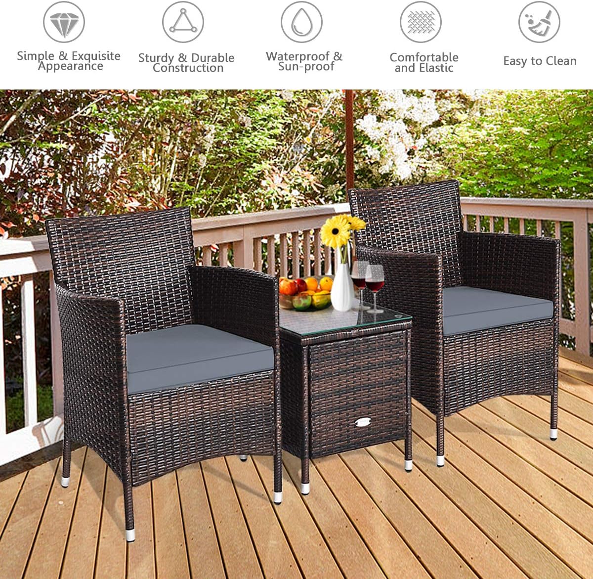 HAPPYGRILL 3-Pieces Patio Furniture Set Outdoor Wicker Rattan Conversation Set with Coffee Table Chairs & Thick Cushions Bistro Sets for Patio Garden Lawn Backyard Pool
