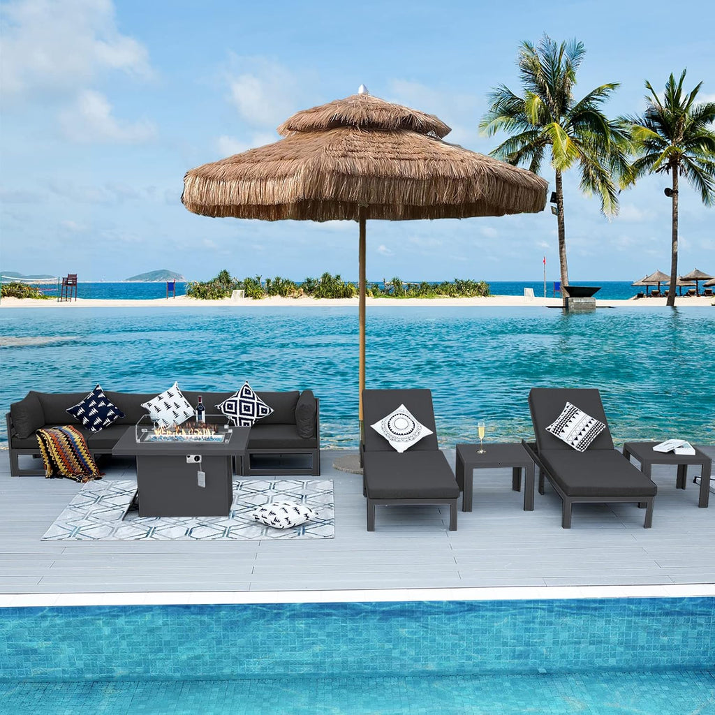RADIATA 9 Piece Luxury Aluminum Outdoor Sectional Sofa with Chaise Lounge & Firepit, Large Modular Patio Furniture Set, 29' Deep Wide Seating, 500 lbs Heavy Duty Conversation Set for Deck, Dark Gray