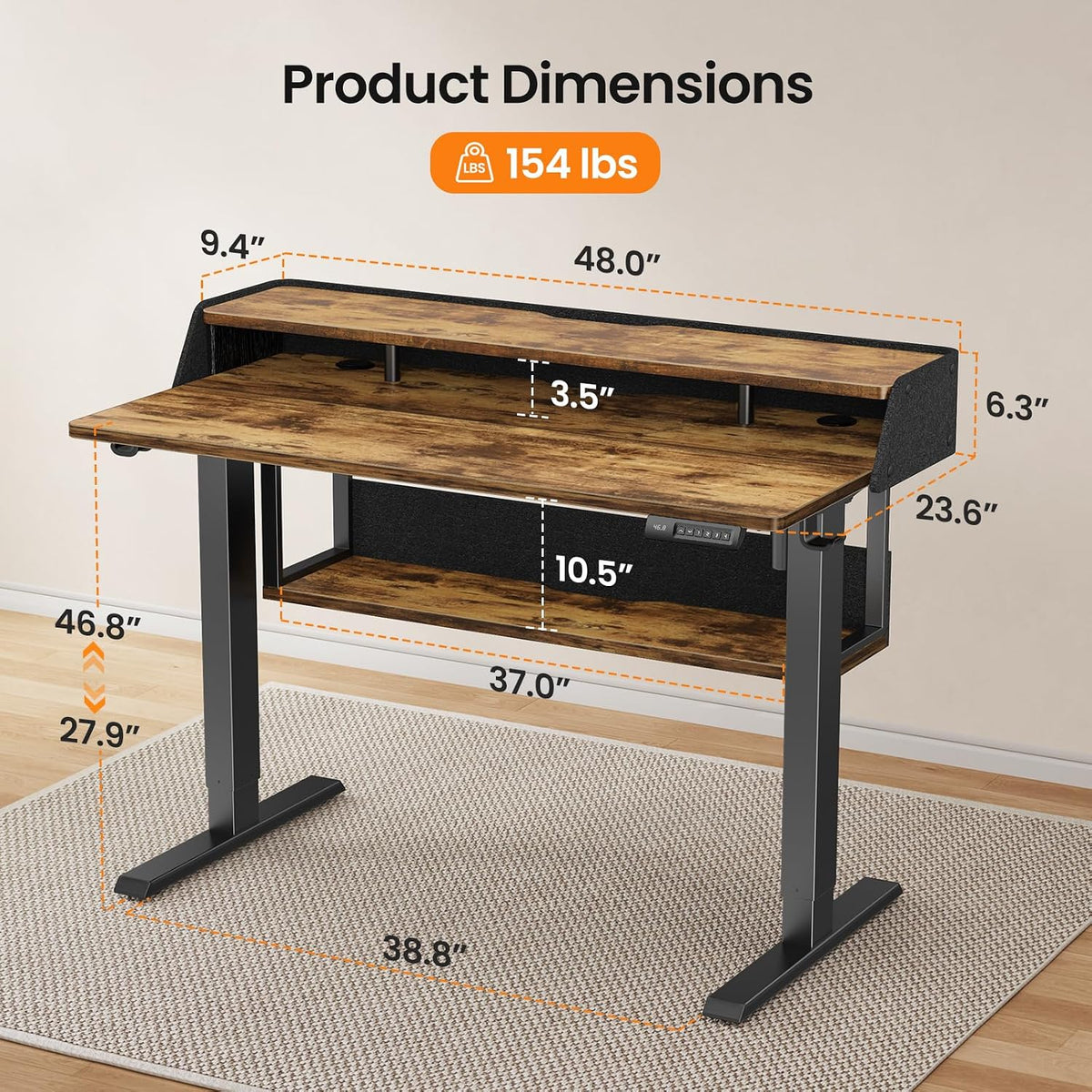 ErGear Electric Standing Desk, 48x24 Inch Adjustable Sit Stand Desk with Bookshelf & Monitor Stand, Standing Gaming Desk with LED Light Strip, Stand Up Desk for Home Office, Vintage Brown