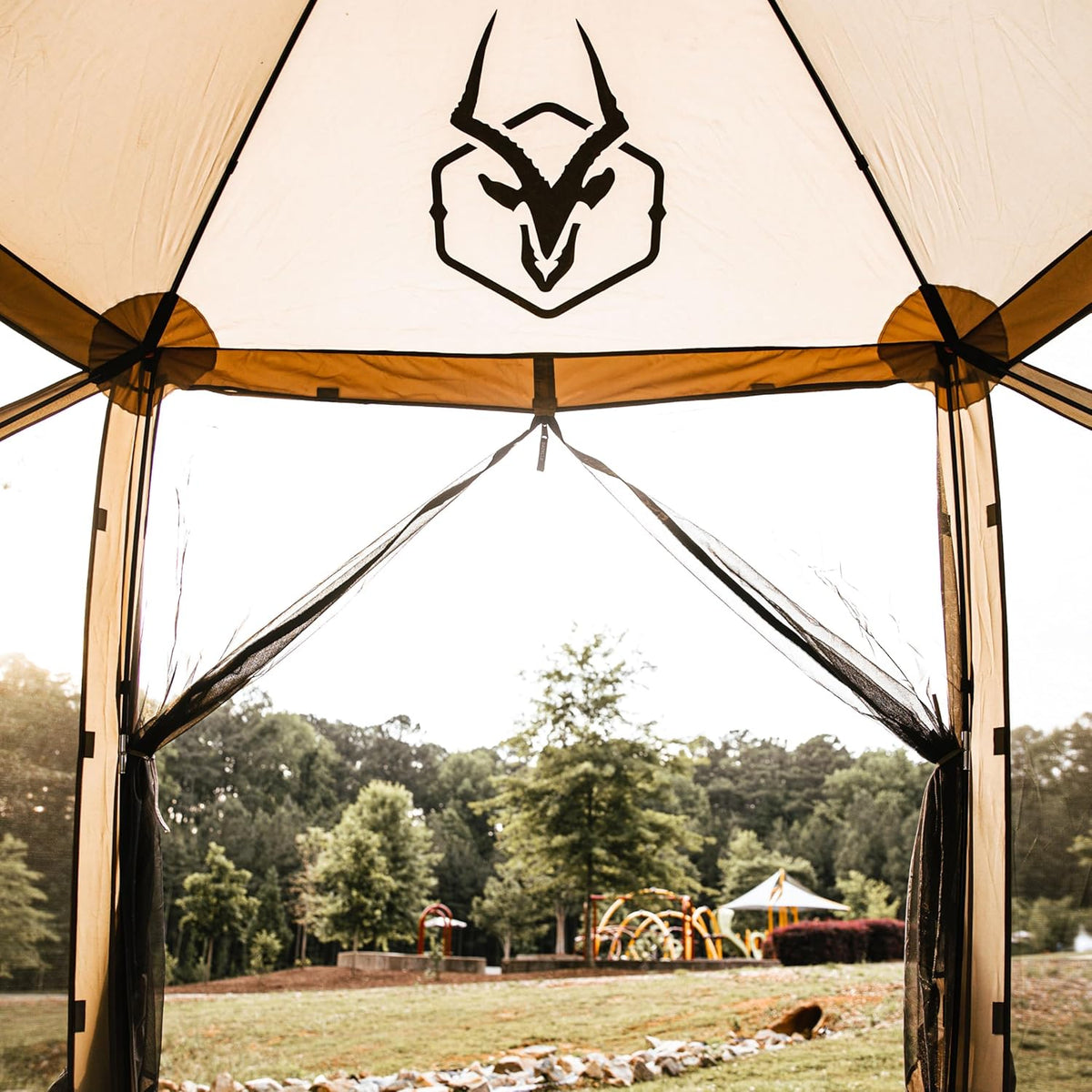 Gazelle Tents™, G5 5-Sided Portable Gazebo, Easy Pop-Up Hub Screen Tent, Durable, TriTech Mesh, Waterproof, UV Resistant, 4-Person & Table, Desert Sand, 85' x 115' x 106', GG502DS