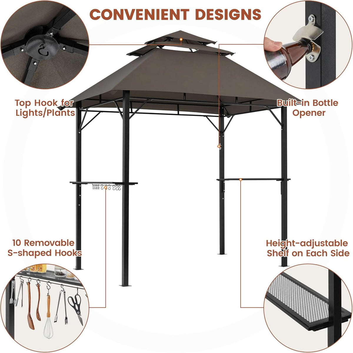 Yaheetech 8x5' Grill Gazebo, 3-Tier Outdoor BBQ Gazebo with Height-Adjustable Shelves & 10 S-Shaped Hooks & Built-in Bottle Opener, Brown