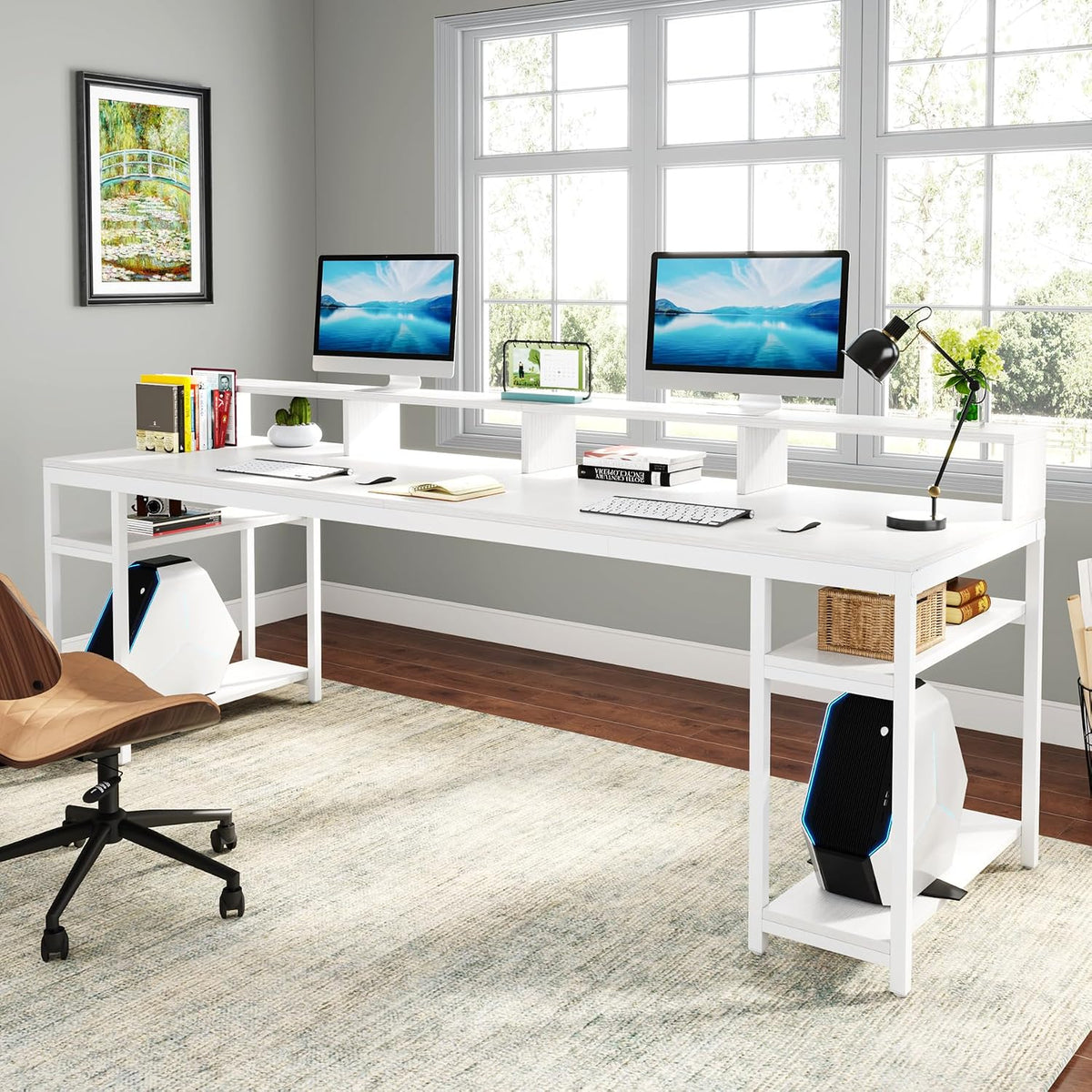 Tribesigns Two Person Desk with Monitor Stand, 78.74' Long Double Computer Office Desk with Storage Shelves, Large Gaming Desk Study Writing Table Workstation for Home Office (White)