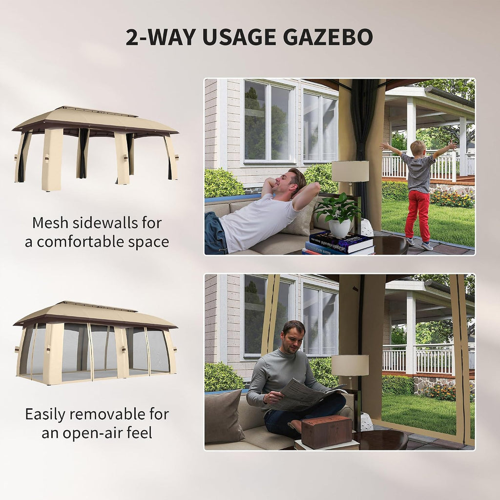 Outsunny 10' x 20' Patio Gazebo, Outdoor Gazebo Canopy Shelter with Netting, Vented Roof, Steel Frame for Garden, Lawn, Backyard, and Deck, Beige