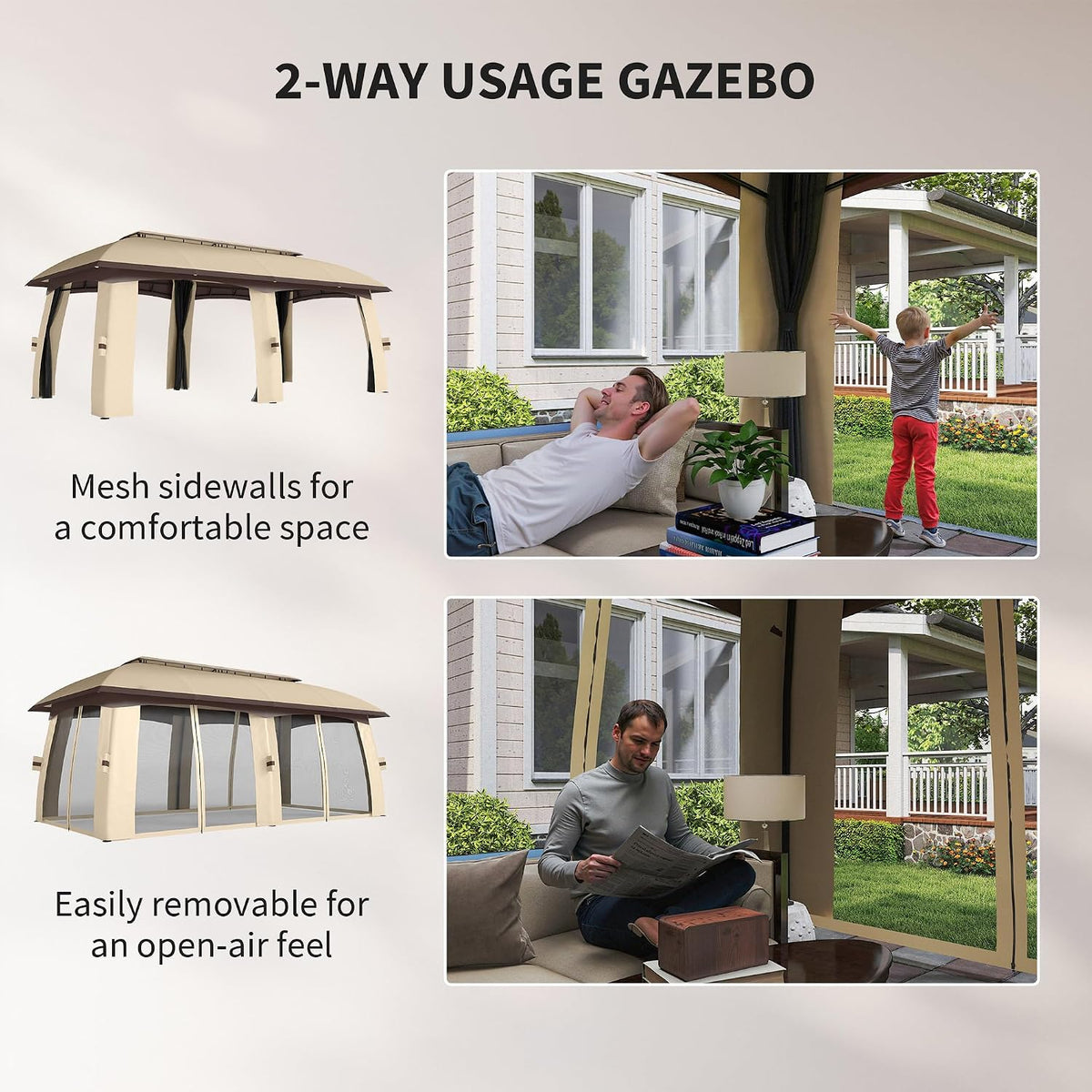 Outsunny 10' x 20' Patio Gazebo, Outdoor Gazebo Canopy Shelter with Netting, Vented Roof, Steel Frame for Garden, Lawn, Backyard, and Deck, Beige