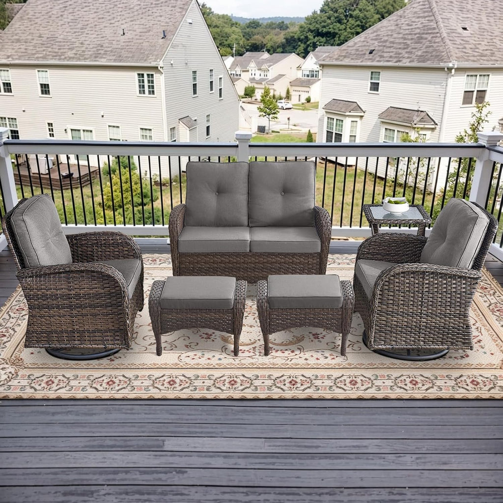 Outdoor Swivel Glider Rocker Chairs Set- 6 Piece Patio Furniture Set with A Glider Loveseat, Tempered Glass Side Table and 2 Ottoman, for Balcony, Porch - Brown Wicker, Grey Cushion