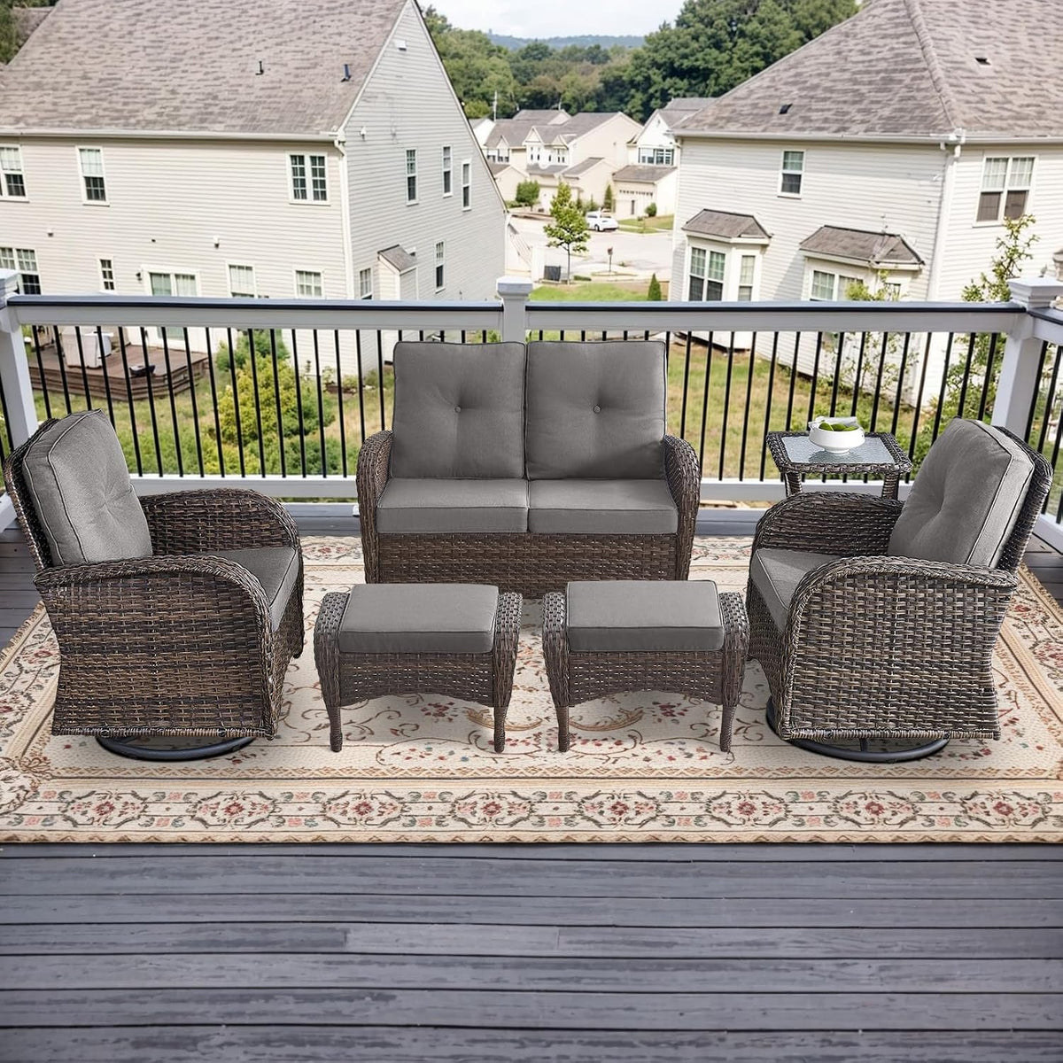Outdoor Swivel Glider Rocker Chairs Set- 6 Piece Patio Furniture Set with A Glider Loveseat, Tempered Glass Side Table and 2 Ottoman, for Balcony, Porch - Brown Wicker, Grey Cushion