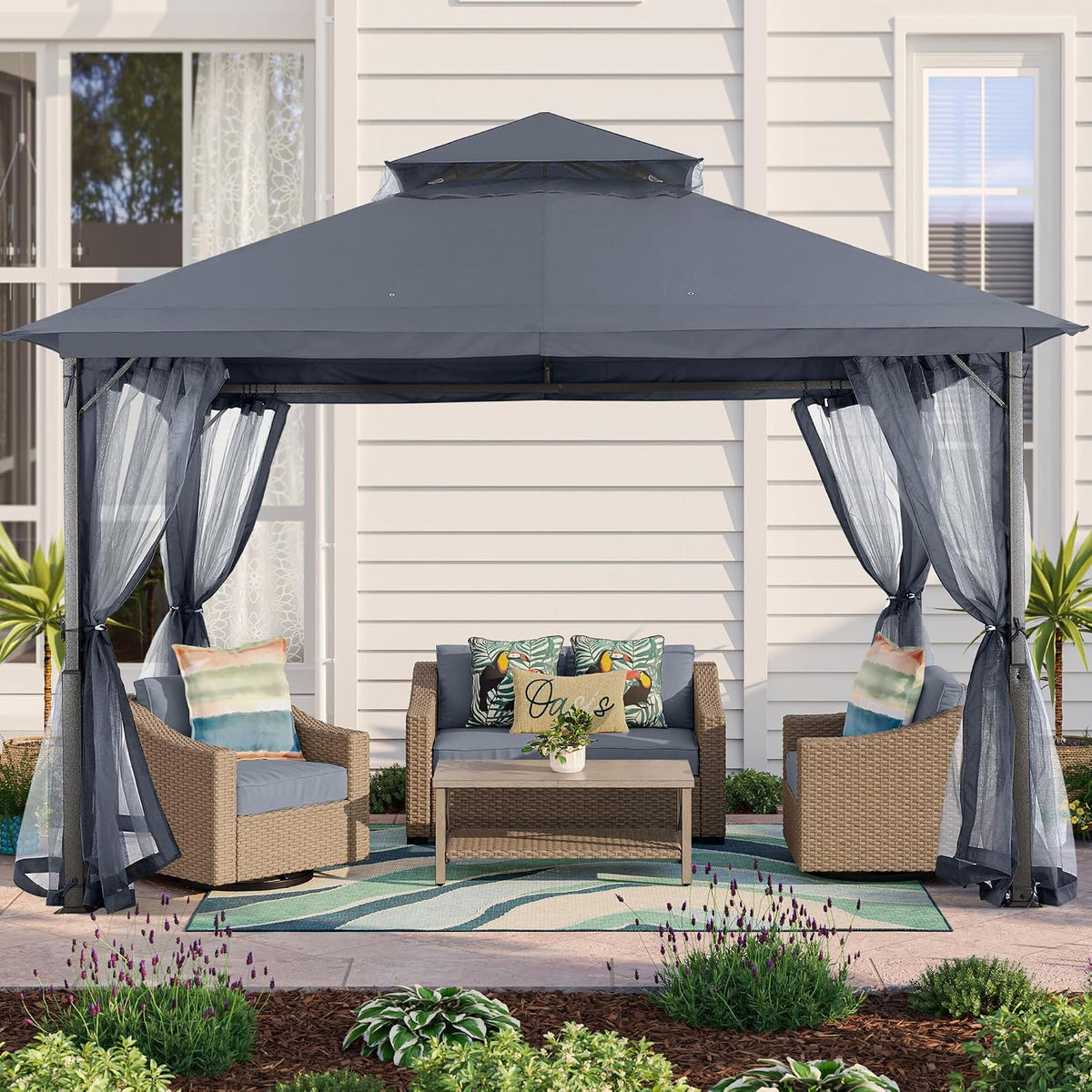 MASTERCANOPY Outdoor Patio Gazebo with Double Roofs, Stable Steel Frame and Mosquito Netting (11x13,Dark Gray)