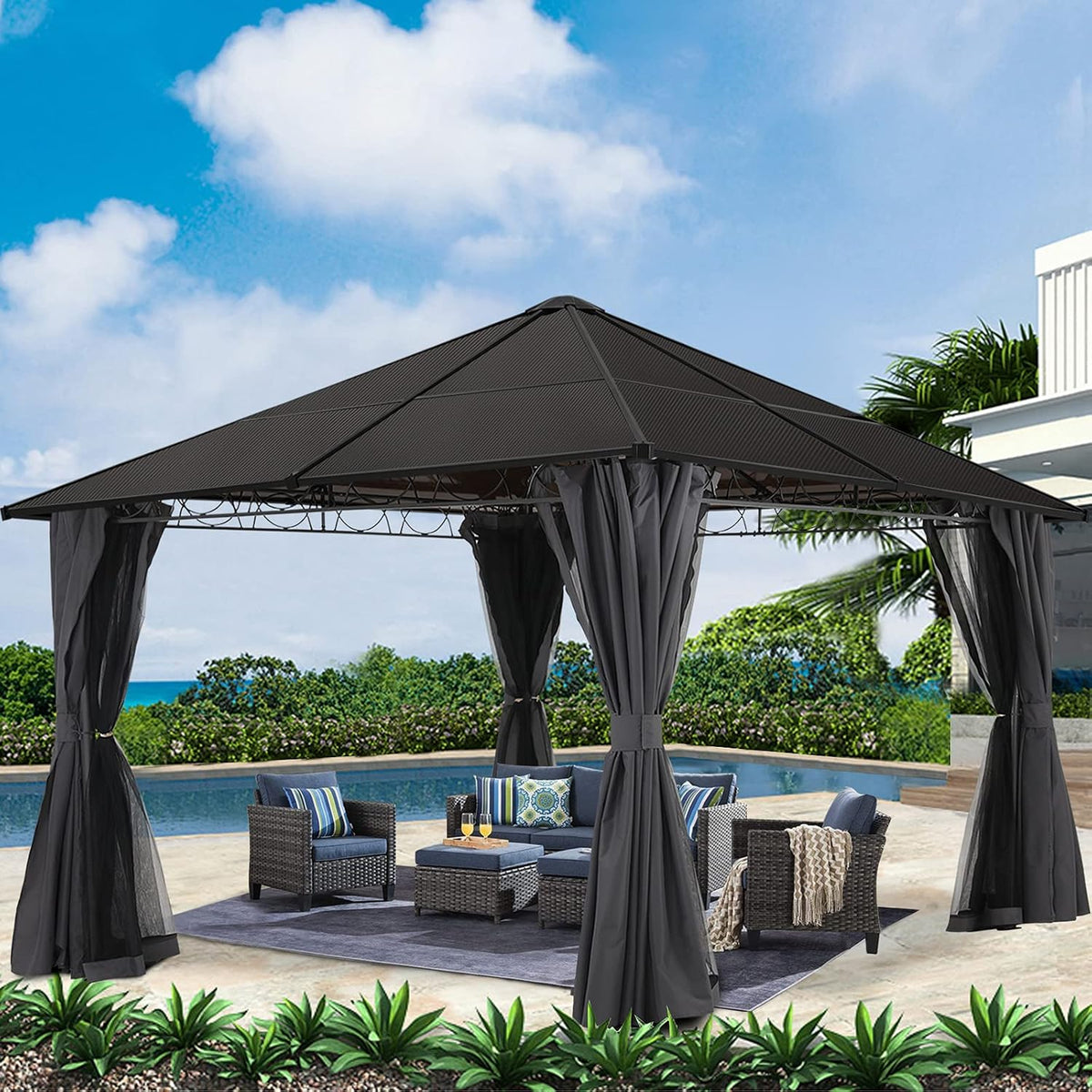 Hardtop Patio Gazebo with Curtains and Netting by ABCCANOPY