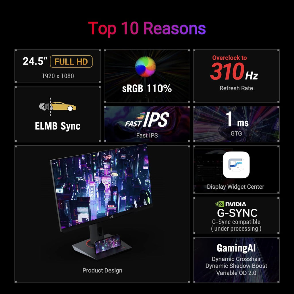 ASUS ROG Strix 24.5' USB-C HDR400 Gaming Monitor (XG259CMS)–Full HD 1080p, 310Hz, 1ms, Fast IPS, 110% SRGB, Extreme Low Motion Blur Sync, G-SYNC Compatible, DisplayWidget, Tripod Socket, 3yr Warranty