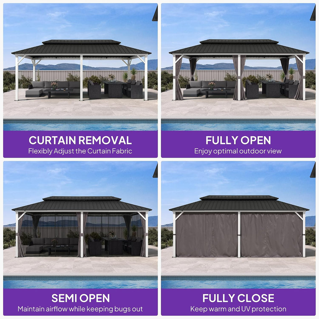 PURPLE LEAF 10' X 20' Hardtop Gazebo Metal Double Roof White Aluminum Frame Outdoor Heavy Duty Gazebo with Curtain and Netting for Patio Garden and Backyard, Grey