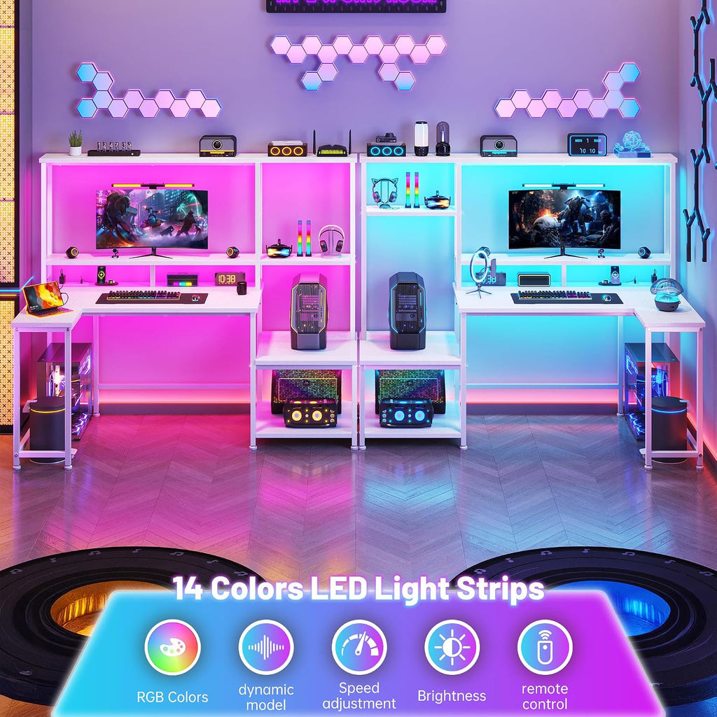 L Shaped Gaming Desk with LED Lights & Outlets,55' Computer Desk with Shelves & Storage Hutch,Reversible Corner Gaming Table with Printer Space & Monitor Stand for Game Room,Home Office,White