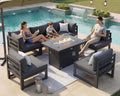 RADIATA 7 Piece L-Shaped Contemporary Aluminum Outdoor Furniture Set with Firepit, 29' Deep Wide Large Couch Set, 500 lbs High Weight Capacity Modular Patio Sectional Sofa for Garden Lawn, Dark Grey