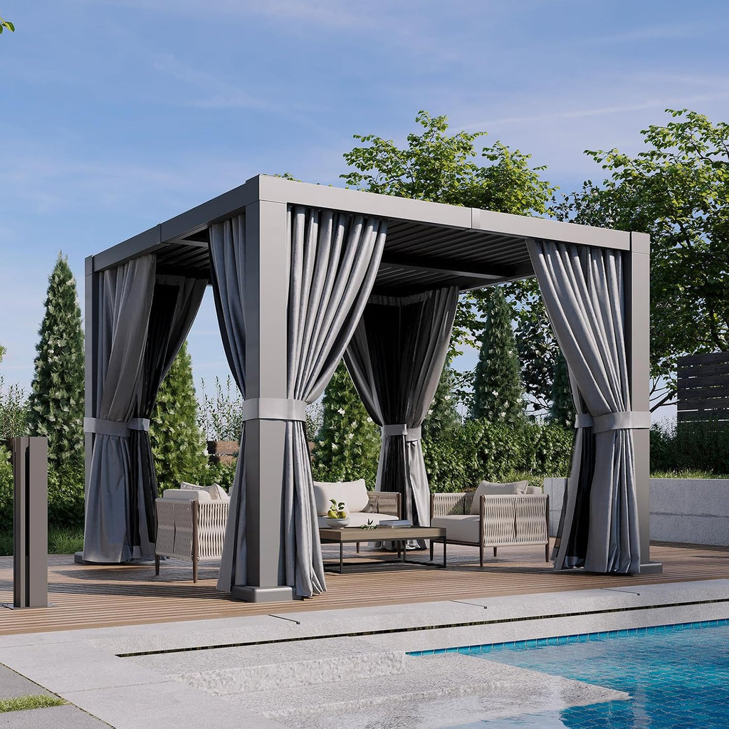 Aoxun Louvered Pergola 10' x 10' Outdoor Aluminum Pergola Adjustable Roof, with Waterproof Curtains and Nets, for Decks, Gardens, Gray