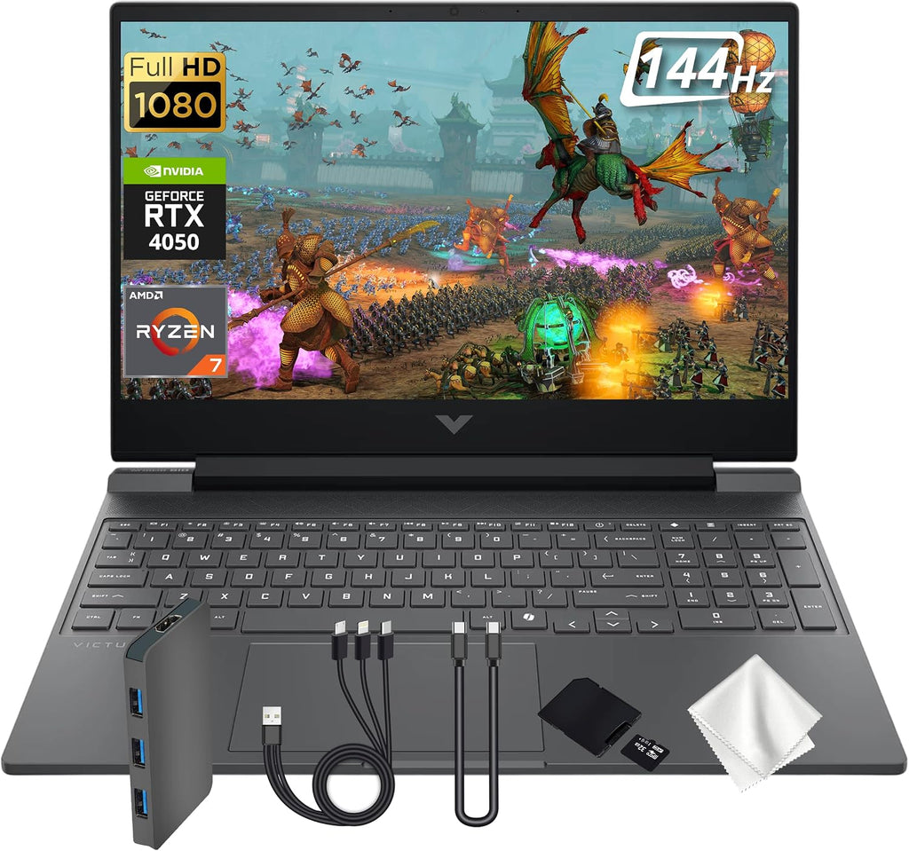 HP Victus 15 Gaming Laptop, AMD Ryzen 7 7445HS, GeForce RTX 4050, 32GB DDR5, 2TB PCIe SSD, 15.6' FHD 144Hz Display, Backlit Keyboard, Copilot, Fast Charge, Win 11, Silver, 1TB Docking Station Set