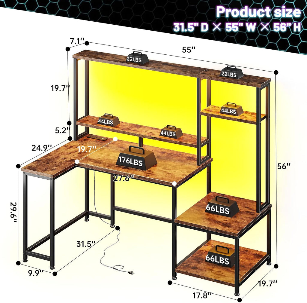 DurayLoly Computer Desk with LED Lights & Outlets,55' L Shaped Gaming Desk with Shelves & Storage Hutch,Reversible Corner Gaming Table with Printer Space & Monitor Stand for Home Office,Rustic Brown
