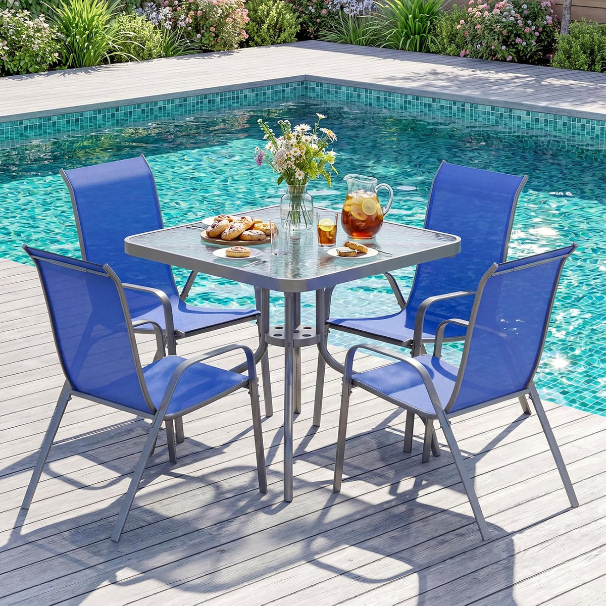TLSUNNY Patio Dining Set 5 Pieces, All Weather Outdoor Furniture W/30'X 30' Table and 4 Stackable Textilene Chairs, Metal Table and Chairs for Lawn, Garden, Poolside, Backyard (Umbrella not Included)