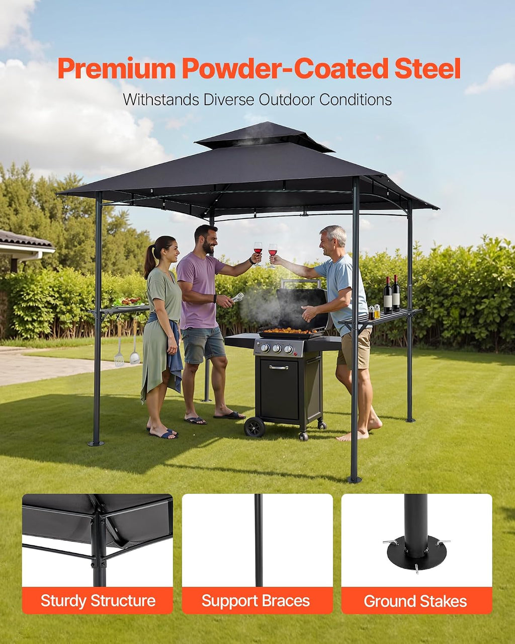 VEVOR Grill Gazebo, 8 x 5 ft Outdoor BBQ Gazebo with Double-Tiered Roof, Powder-Coated Steel Patio Grill Shelter with 2 Side Shelves & 8 Hooks, Grilling Canopy for Patio Backyard Garden Picnic