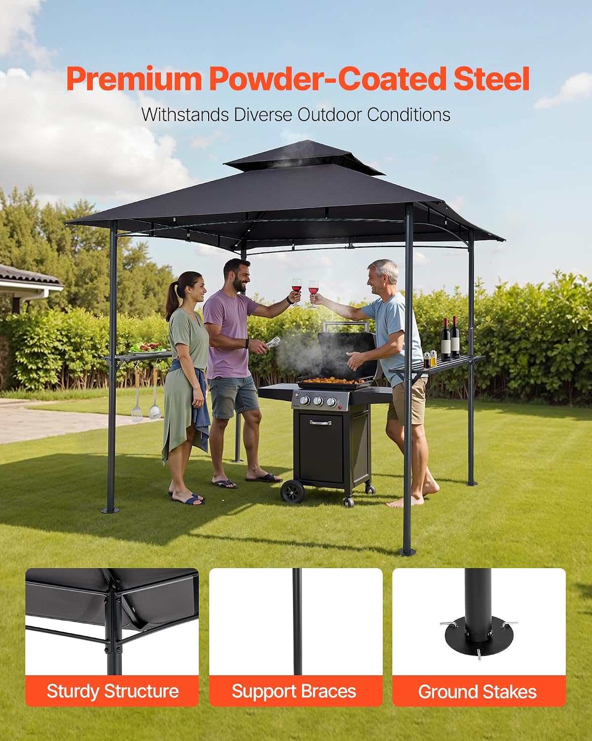 VEVOR Grill Gazebo, 8 x 5 ft Outdoor BBQ Gazebo with Double-Tiered Roof, Powder-Coated Steel Patio Grill Shelter with 2 Side Shelves & 8 Hooks, Grilling Canopy for Patio Backyard Garden Picnic
