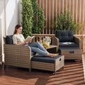 LHBcraft Balcony Furniture 5 Piece Patio Conversation Set, PE Wicker Rattan Outdoor Lounge Chairs with Soft Cushions 2 Ottoman-Glass Table for Porch