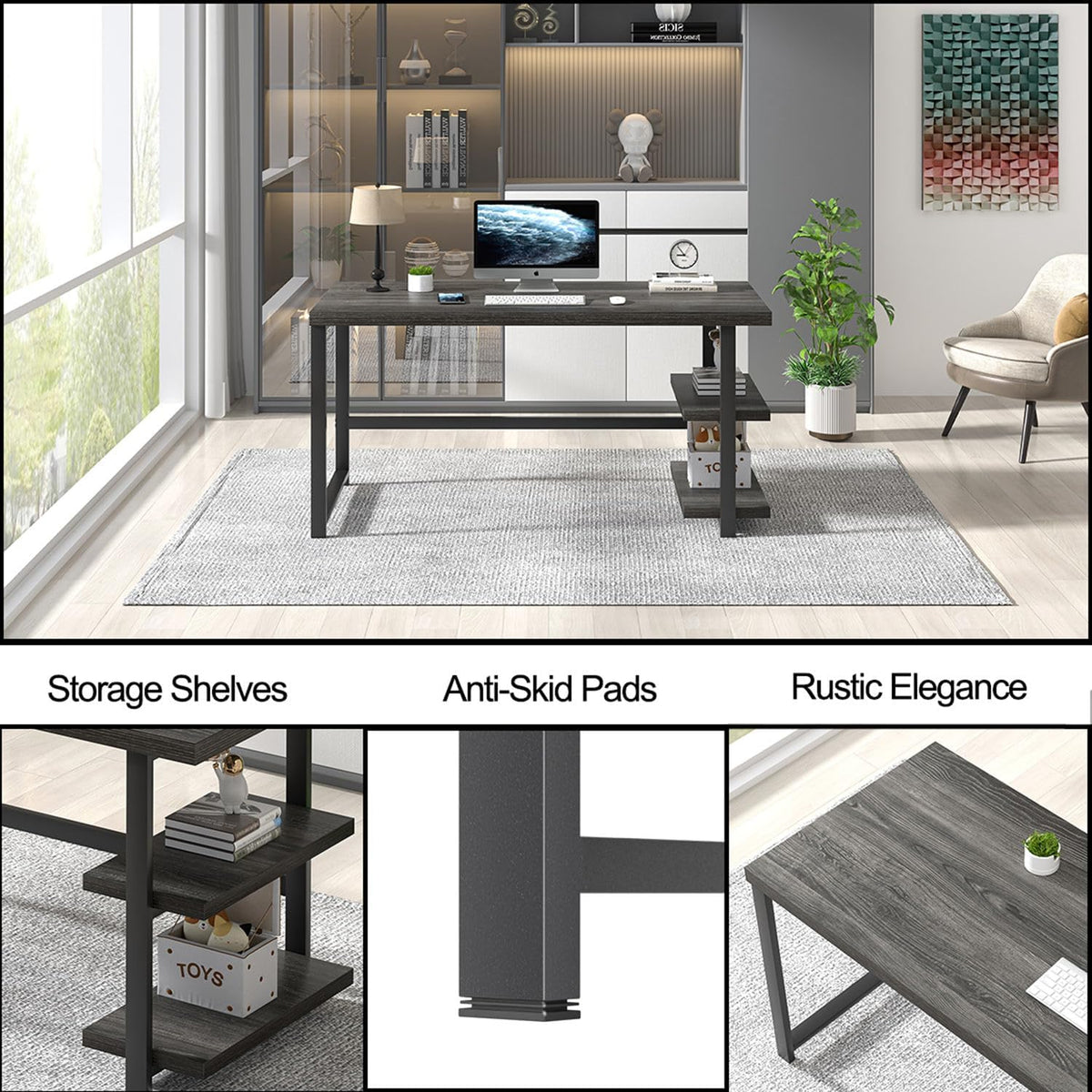 FOLUBAN Home Office Desk, Modern Computer Desk with Storage Shelf, Wood Study Writing Gaming Table for Bedroom Living Room, Industrial Dark Gray, 53 Inch