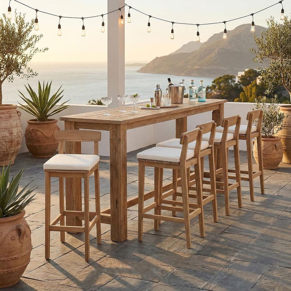 Patio Bar Stools Set of 4, Solid Acacia Wood Patio Barstools with Footrest, 28.5' Counter Height Outdoor Bar Stools, High Top Patio Bar Chairs for Balcony/Deck/Kitchen Island/Bistro, Beige