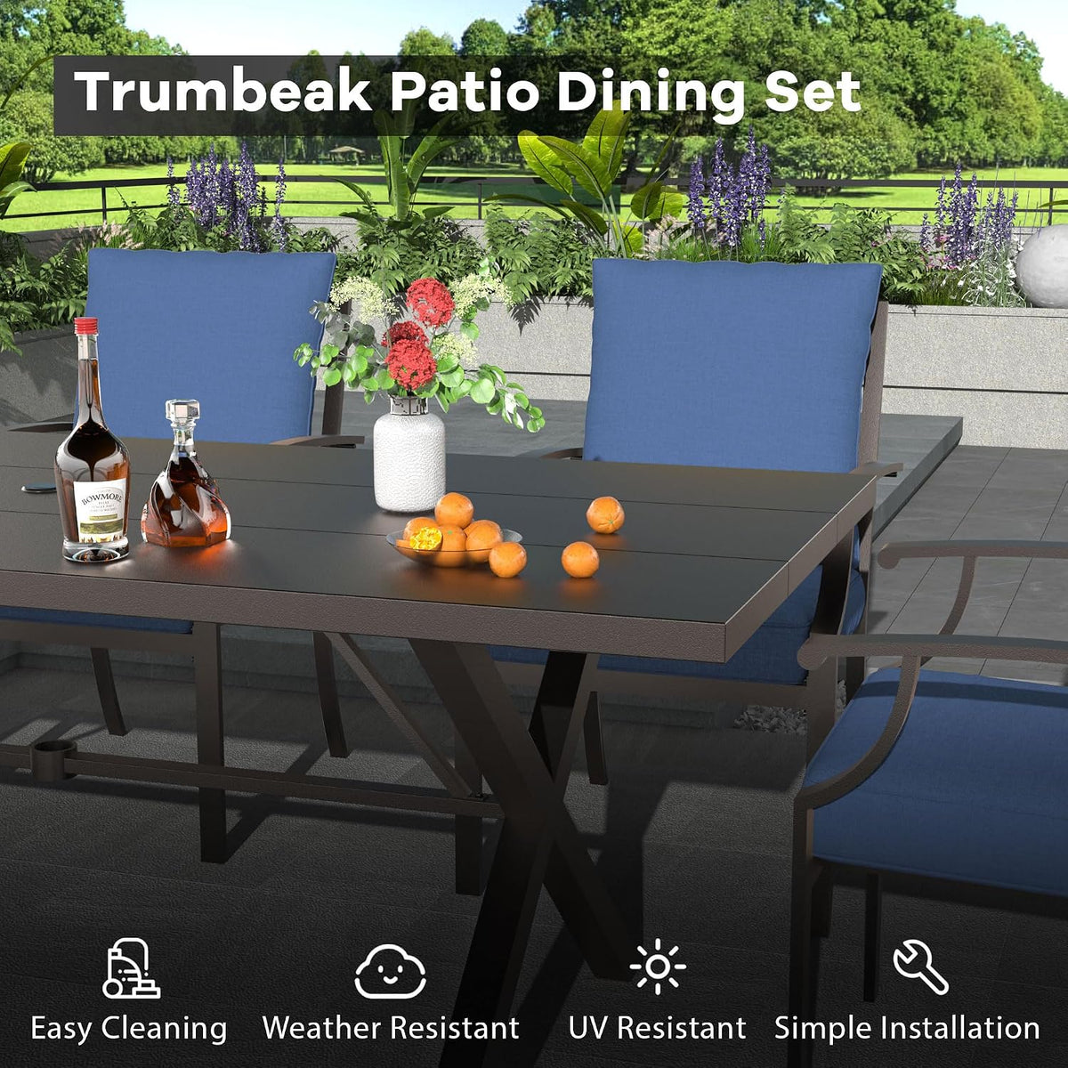 7-Piece Patio Dining Set Outdoor Conversation Set,Metal Outdoor Furniture Set with Umbrella Hole Cut-Out 78.7' x 35.4' Table and 6 Metal Backrest Chairs for Backyard,Garden,NavyBlue