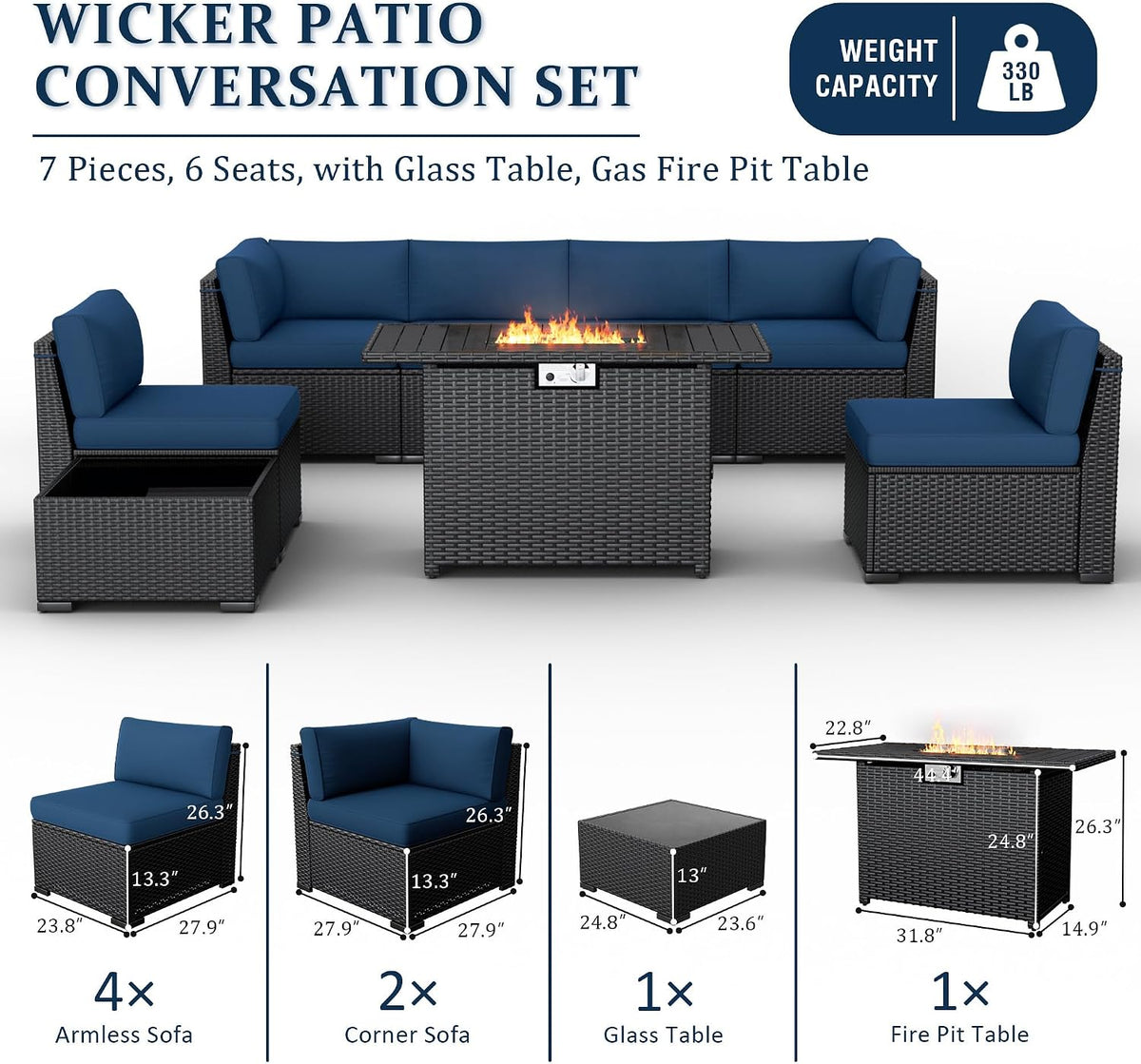 8 Pieces Outdoor Patio Furniture Set with 44' Fire Pit Table Black Rattan Sectional Conversation Sets w/Gas Fire Pit, Coffee Table, 1 Waterproof Covers, Navy Blue
