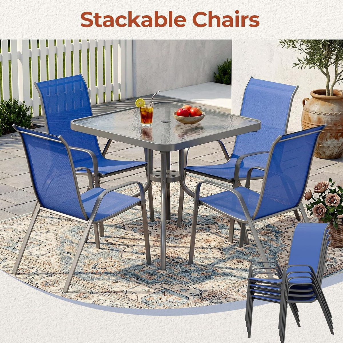 TLSUNNY Patio Dining Set 5 Pieces, All Weather Outdoor Furniture W/30'X 30' Table and 4 Stackable Textilene Chairs, Metal Table and Chairs for Lawn, Garden, Poolside, Backyard (Umbrella not Included)